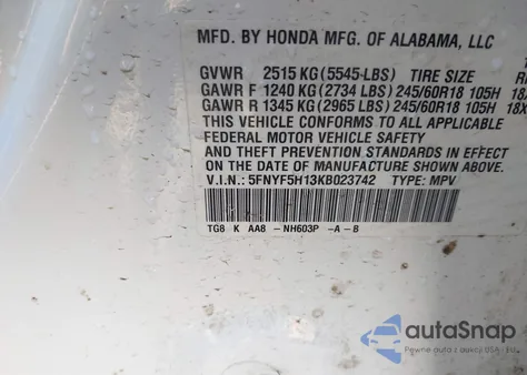 2019 Honda Pilot Lx from USA, damaged, VIN 5FNYF5H13KB023742